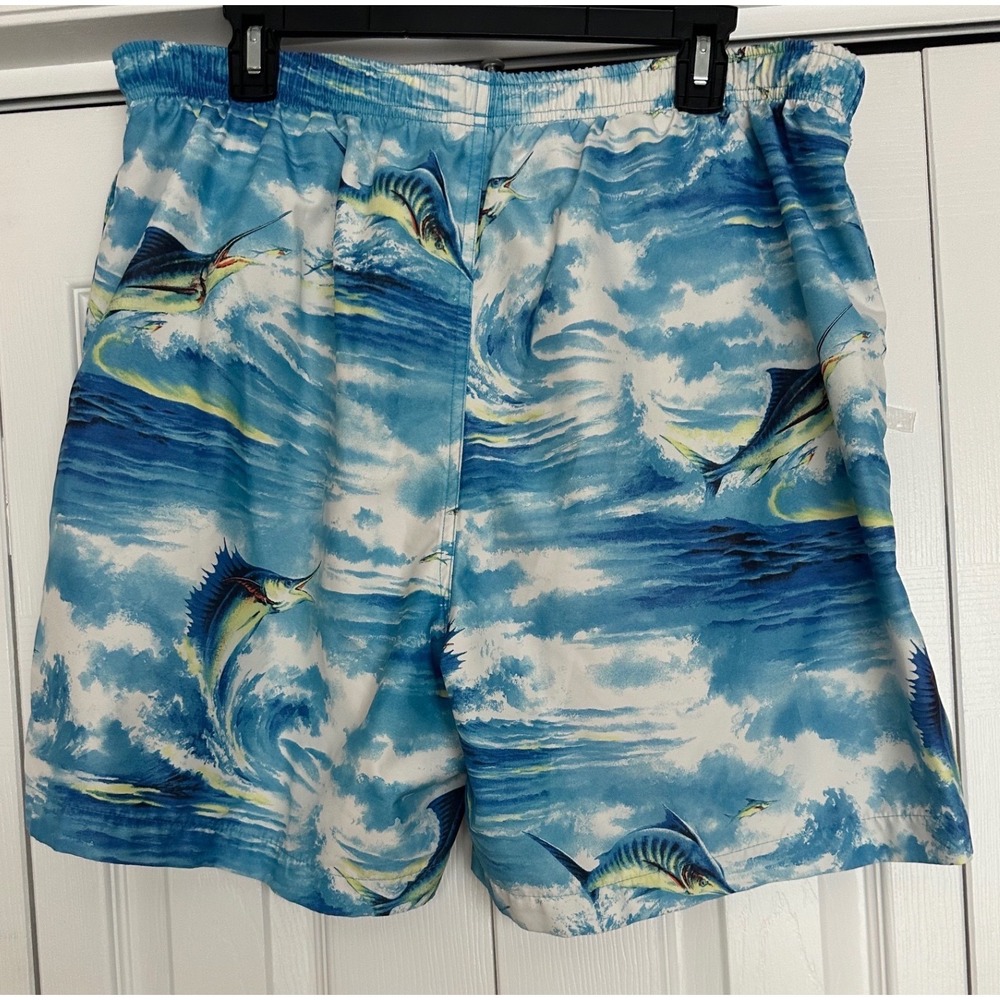 Nautica Mens Blue Marlin Ocean Print Swim Trunks Mesh Liner Size Large EUC